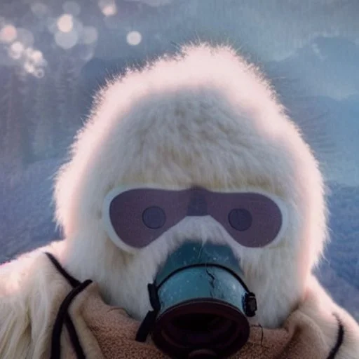 Yeti in a mask, background = (wildfires, mountains, fires, smoke, disaster)