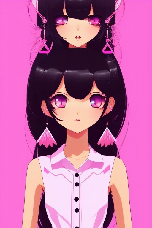 girl, cute, beautiful, black hair, long hair, straight hair, bangs, pink shirt, big eyes, brown eyes, close up portrait, anime