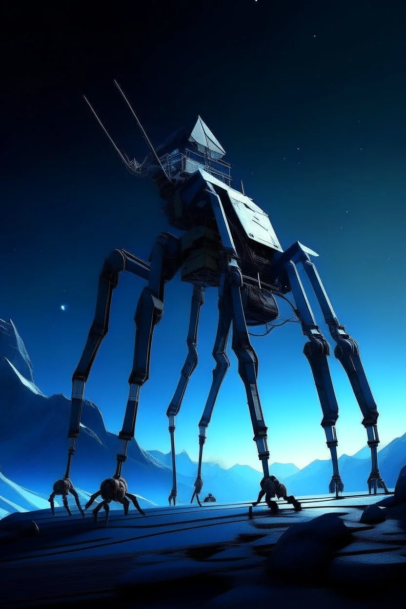 I want an image of a eight legged spiderlike mechanical walker mech scaling the side of mout everest at night