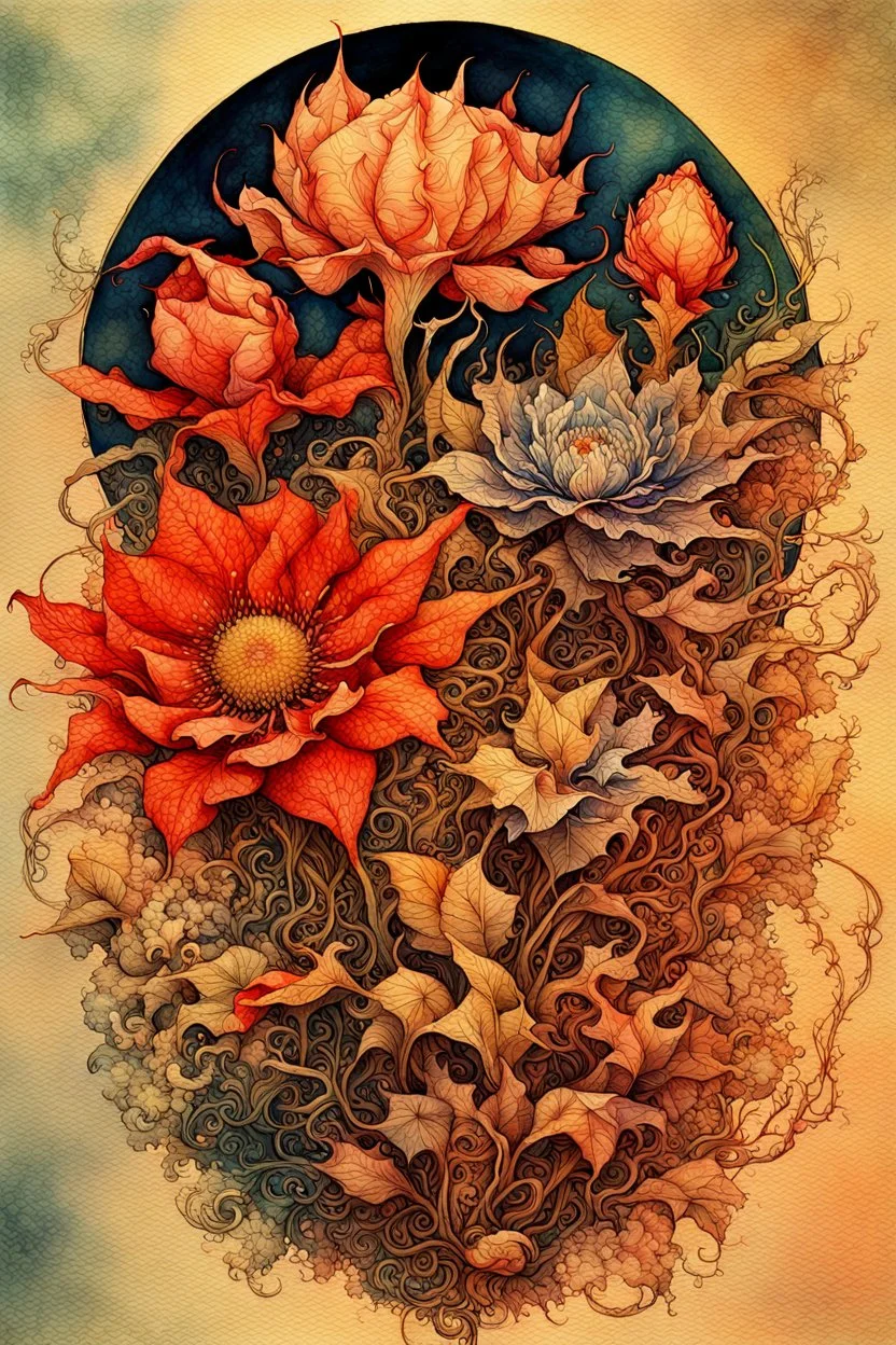 Fantastic big exotic flowers, watercolor ink, intricate, magical, in the style of James Jean, Brian Froud, Yana Movchan, Zdzisław Beksinski, Hieronymus Bosch, hyperdetailed, sharp focus, intricate, concept art, digital painting, ambient lighting, 16 k, trending on artstation, hyper quality, highly detailed, fantasy, beautiful, colourful.