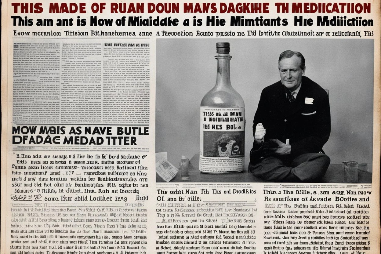 newspaper front page: title is "This man made a mistake in the dosage of his medication and is now a bottle." the caption of the photo "Before (as a man) and After (same as a bottle" they look so similar