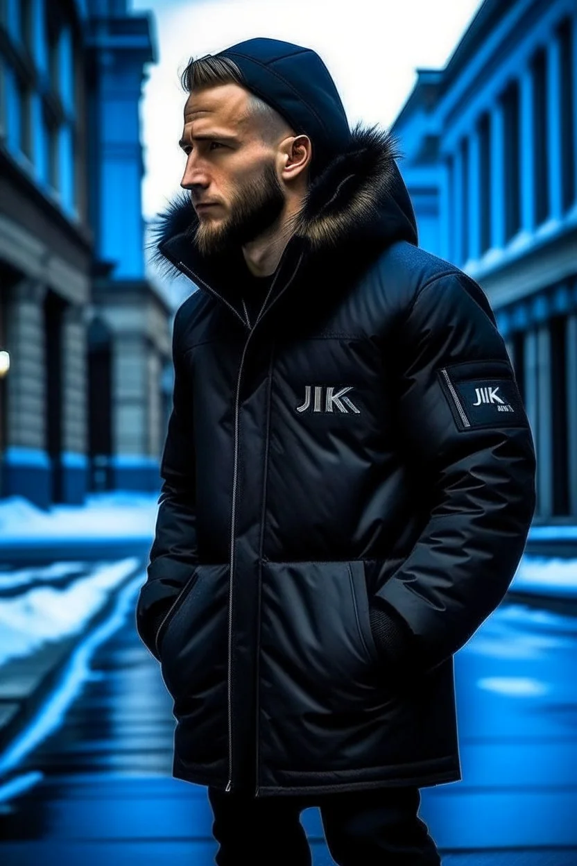 Men's coat black that has fur and contains the word jiks