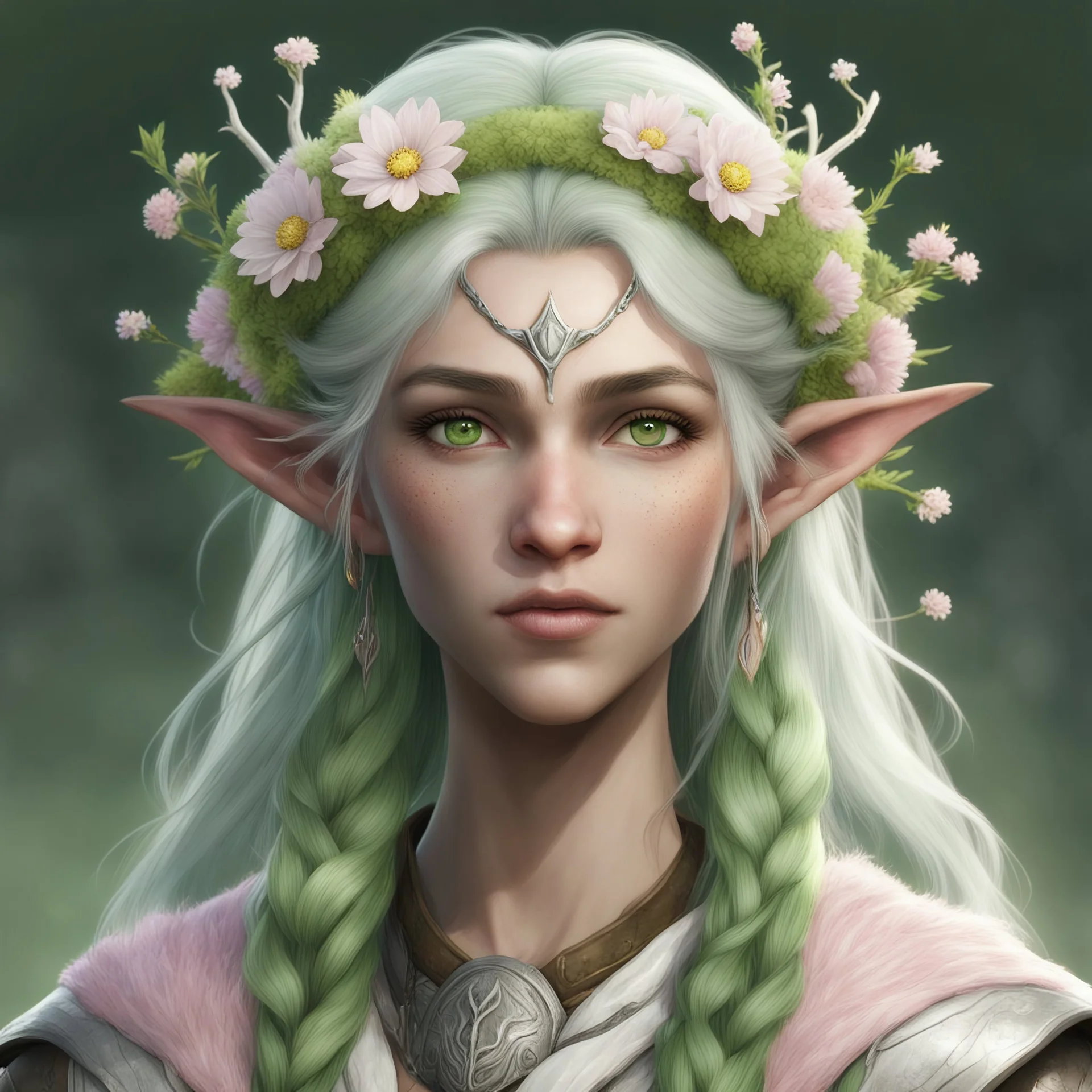 Generate a dungeons and dragons character image of a female spring Eladrin. She is a circle of the Lands Druid (Grassland). Her hair is light green and voluminous. Her skin is very pale. Her eyes are green. She wears a dainty circlet made of silver coated branches with pink, white, and yellow flowers. She is happy.