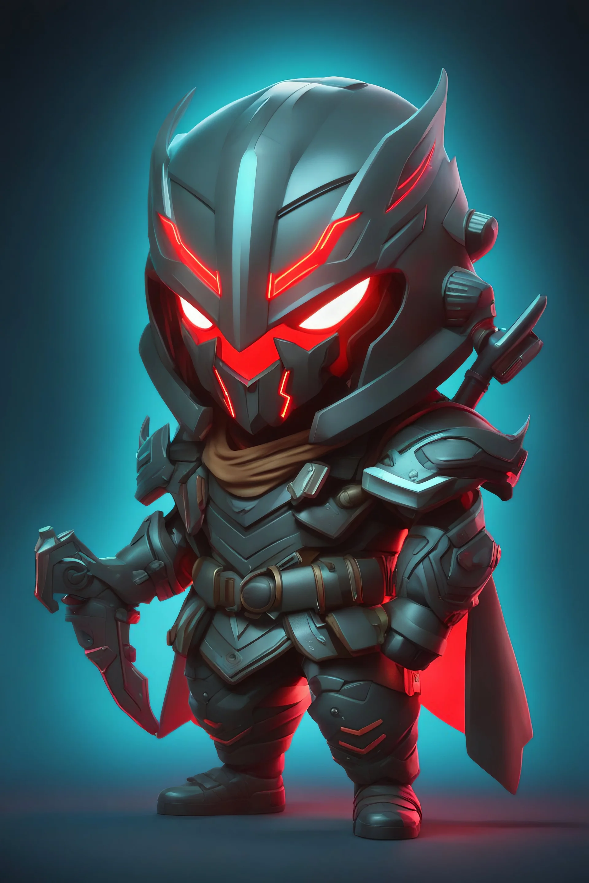 chibi Pyke, cyberpunk style, neon lights, intricate details, high details, detailed portrait, ultra detailed, ultra quality, masterpiece, mask, style of fairy academia