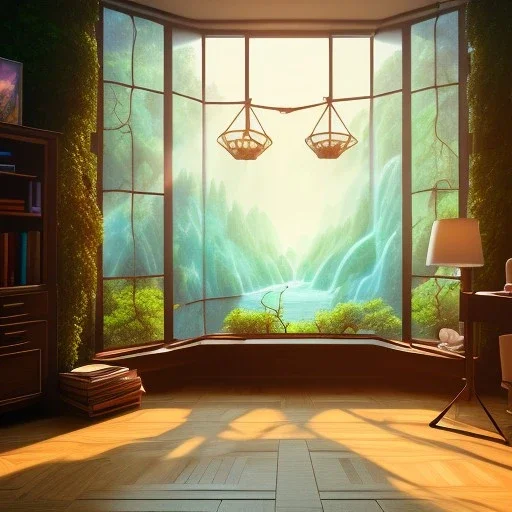 desk, parquet, paper, little pen, in front of one huge bay window with large view on a waterfall with warm light, sunset ,pixar style, panorama, nature, globe HD