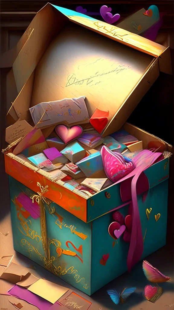 A box full of love letters, realistic, professional, art, detailed, vibrant colors.