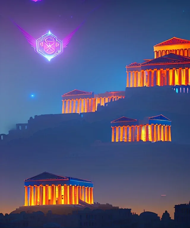 Acropolis of Athens , 8k resolution holographic astral cosmic illustration mixed media by Pablo Amaringo . midjourney style, 8k, photorealistic, cinematic lighting, dramatic, atmosphereric,