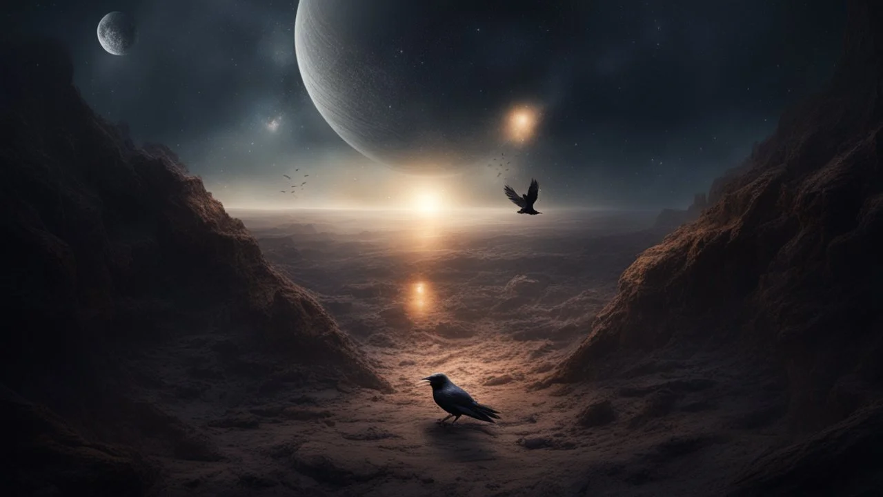 Crow in a space, at the end of the time, very realistic