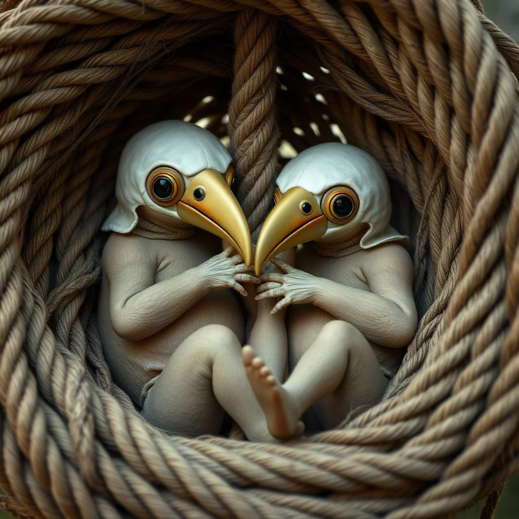 anthropomorphic Plague Doctor beak-masked big-eyed babies snuggling in surreal natural rope nest, creepy cute yin-yang, setting is a natural garden, by Anne Geddes and Patricia Piccinini, mind-bending magical realism, weirdcore, adorably strange, natural lighting