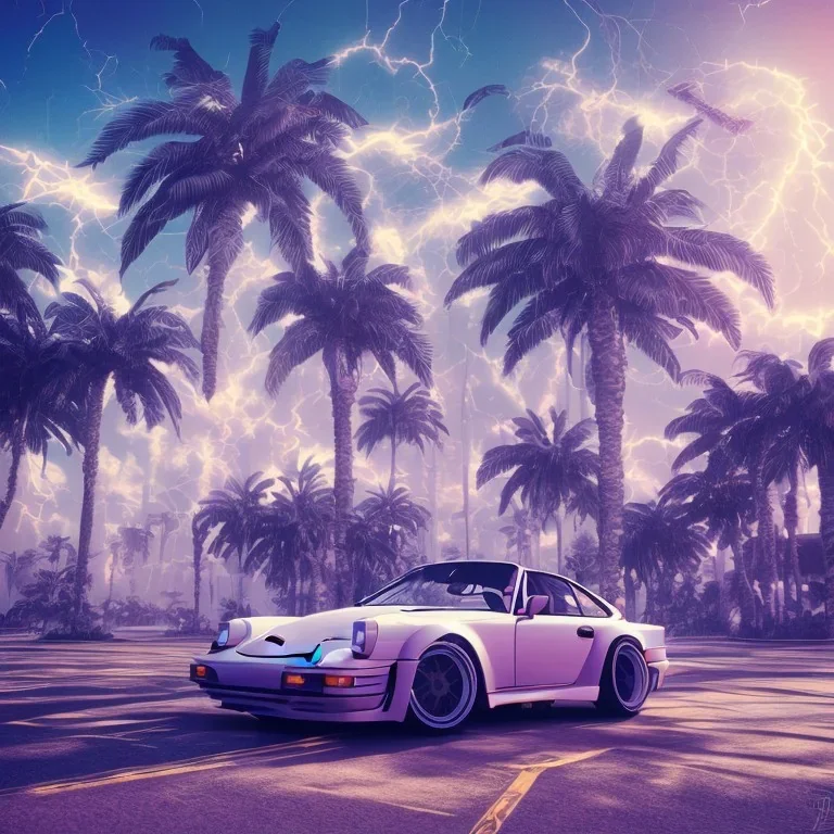 1980's aesthetic vaporwave palm trees and spheres and Porsche with lightning