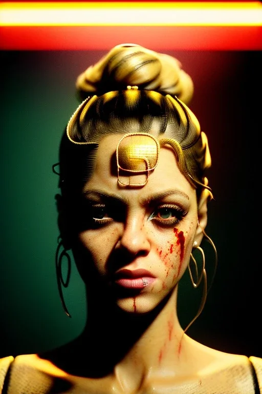 portrait, Shakira, blonde, angry, Realistic image, superhero, retro watchmen style, gold make-up, blood, sweat, fog, goddess style, Neon colors, leds. Black background, photo studio, concept art, smooth, unreal engine 5, god lights, ray tracing, RTX, lumen lighting, ultra detail, volumetric lighting, 3d, finely drawn, high definition, 4k.