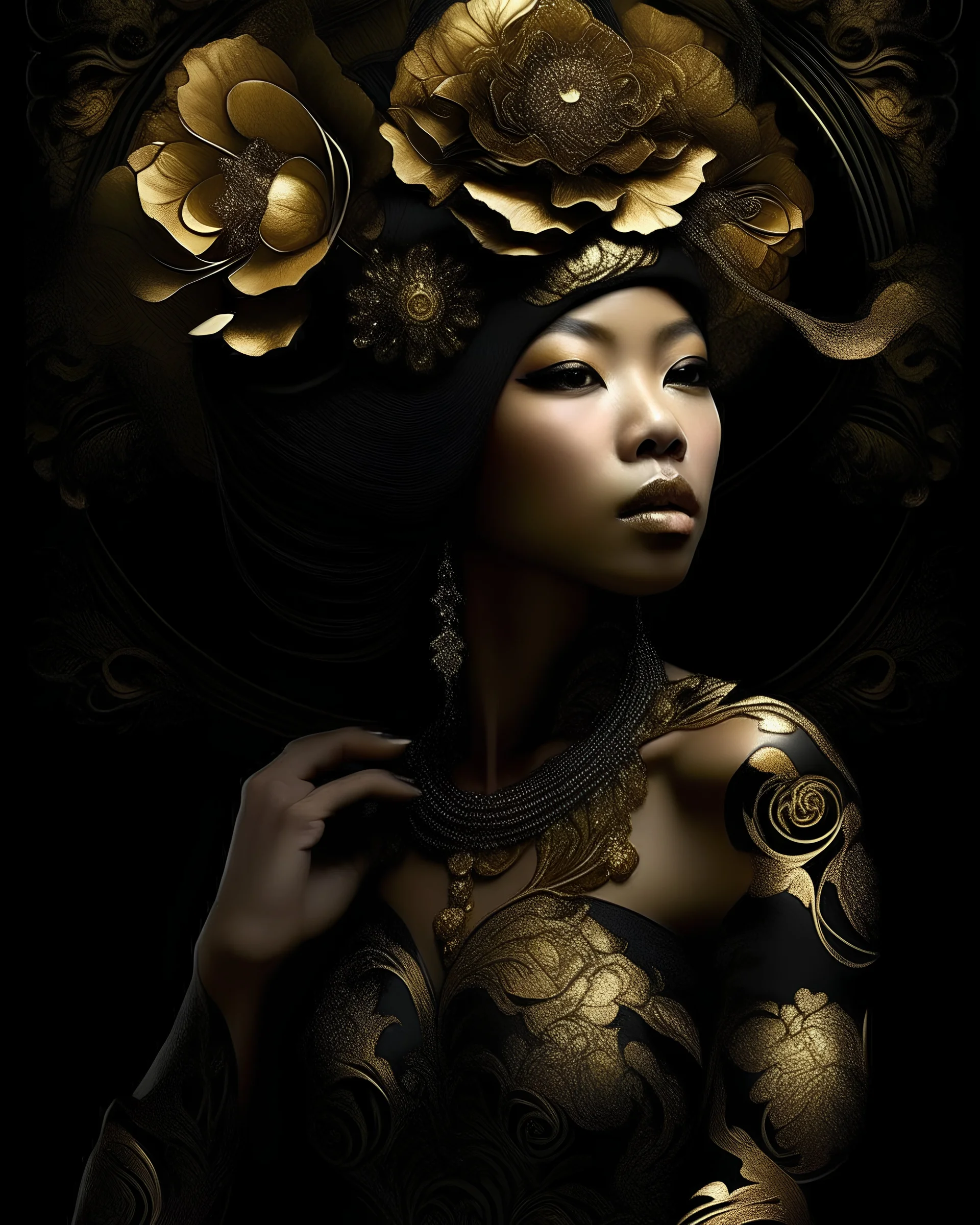 Beautiful young vantablack woman portrai, adorned with palimpsest art nouveau voidcore camelia japonica floral headress, venetian style Golden filigree floral embossed masque wearing venetian palimpsest art nouveau camelia japonica floral embossed costume dress Golden dust and silver gradient colour, organic bio spinal ribbed detail of palimpsest art nouveau camelia japonica full floral background extremely detailed hyperrealistic maximálist concept portrait art