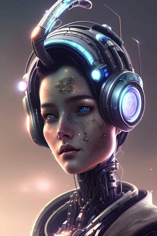 portrait,beautiful robot, post-apocalyptic in a cyberpunk city, realistic, intriacte detail, sci-fi fantasy style, volumetric lighting, particales,highly detailed,cinamatic, deep colours,8k