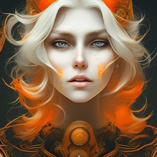 fantasy setting, woman, orange and white hair, wavy hair, freckles, ranger, more orange hair, more white hair,