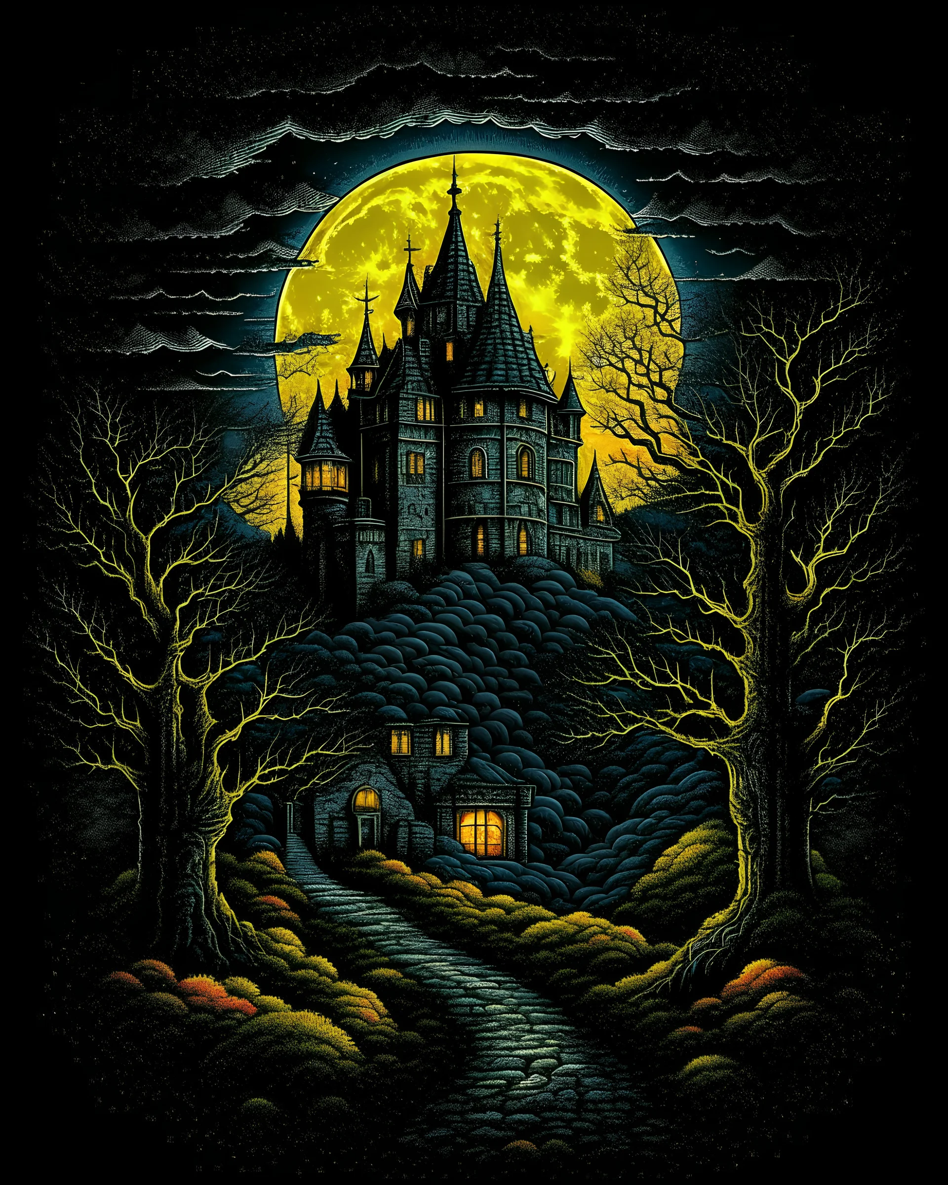 Moon, halloween night, shadowy old isometric castle surrounded by cemetery garden, dark forest in the background,HDR,UHD,8K, best quality, masterpiece, Highly detailed, ultra-fine painting, Urban Pulse::2 Street Art, deconstructionism, typographic expression, vibrant colors, urban surrealism, synthwave:: t-shirt vector, center composition graphic design, plain background::2 mockup::-2 --upbeta --ar 1:1