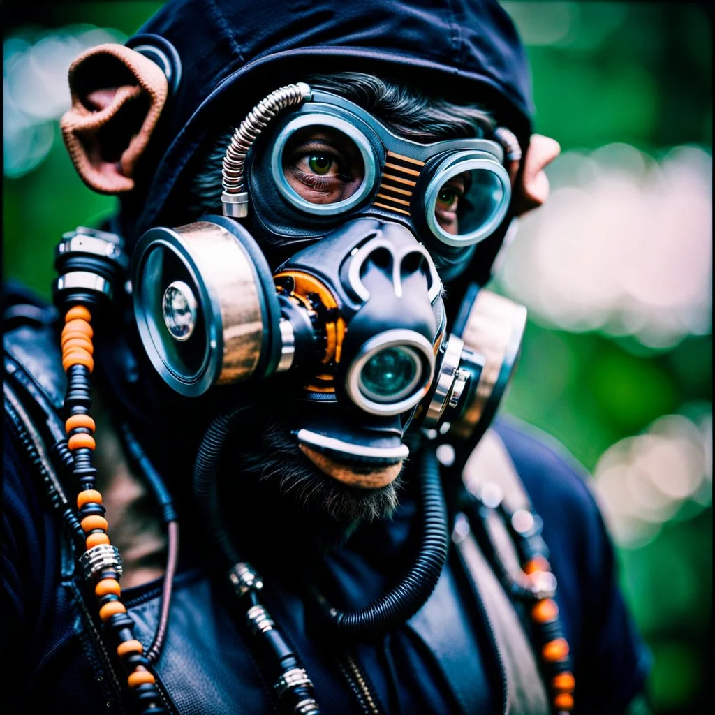 Cyborg, Ape, Primate, hominid, breathing device, respirator, solarpunk, Dystopian, Extreme depth of field, bokeh blur, Alberta, all-natural, in the style of candid, Fuji Film, Anamorphic lens