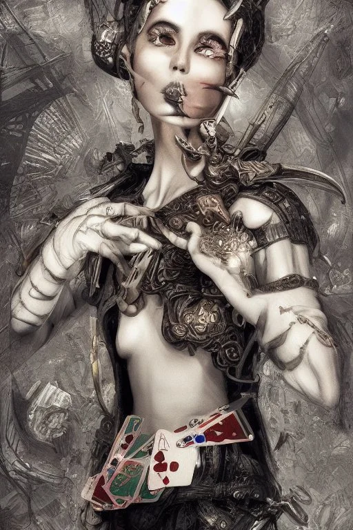 A harlequin character, playing cards with other people , sf, intricate artwork masterpiece, ominous, matte painting movie poster, golden ratio, trending on cgsociety, intricate, epic, trending on artstation, by artgerm, h. r. giger and beksinski, highly detailed, vibrant, production cinematic character render, ultra high quality model