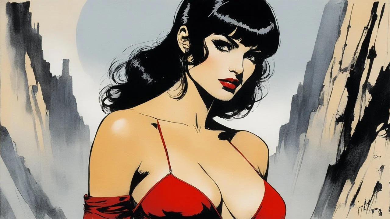 [art by Corto Maltese, hugo pratt] Vampirella claims to be the daughter of Lilith, whom popular medieval Jewish lore depicts as the first wife of Adam. Lilith would not submit to Adam and was cast out of Eden by God. Lilith spawned demons, but later repented and went to Eden to bear children to fight the evil she had created.