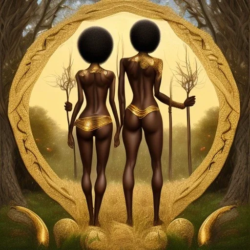 Biologically Female sexy African American Twins, black skin, tall and slender, long afro kinky hair,big brown eyes, long eyelashes warrior wear. Big butts. Gold accents on clothing. Surround by trees. Holding golden spears. Starry night