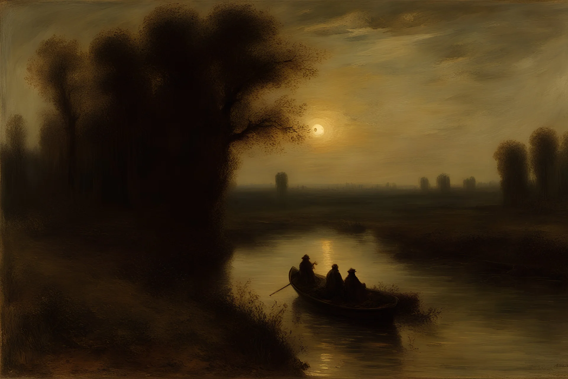 dry high weeds, creepy horror night, river, trees, mistery, philosophic and gothic horror influence, trascendent influence, willem maris, friedrich eckenfelder, and pieter franciscus dierckx impressionism paintings