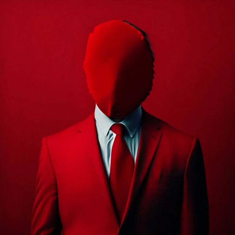 a man wearing a red suit with a red tie who is missing his face