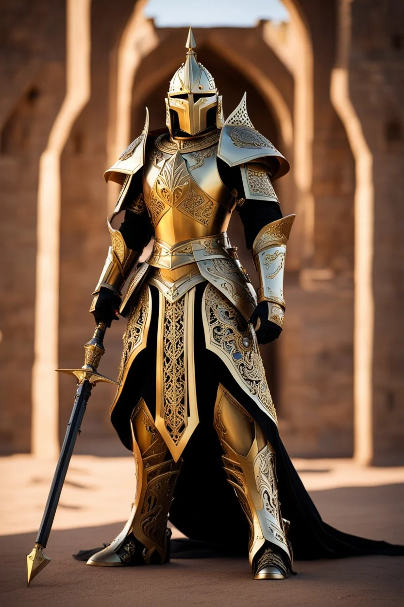 Full body photography,front_view, dark Lord ooking at viewer,traditional dress ornaments mechanical_armor,intricate armor, delicate golden filigree, intricate filigree, black metalic parts, detailed part,desert background, dynamic lighting