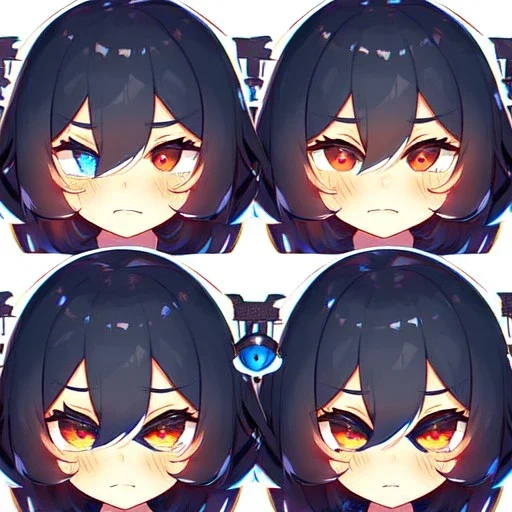  three seperate faces on three identical triplets, one face is expressing joy, second face is expressing sadness, third face is expressing anger.