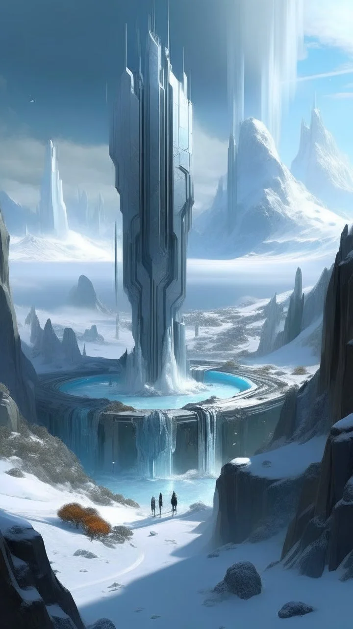 sci fi planet, small futuristic city, waterfalls, snow, temples