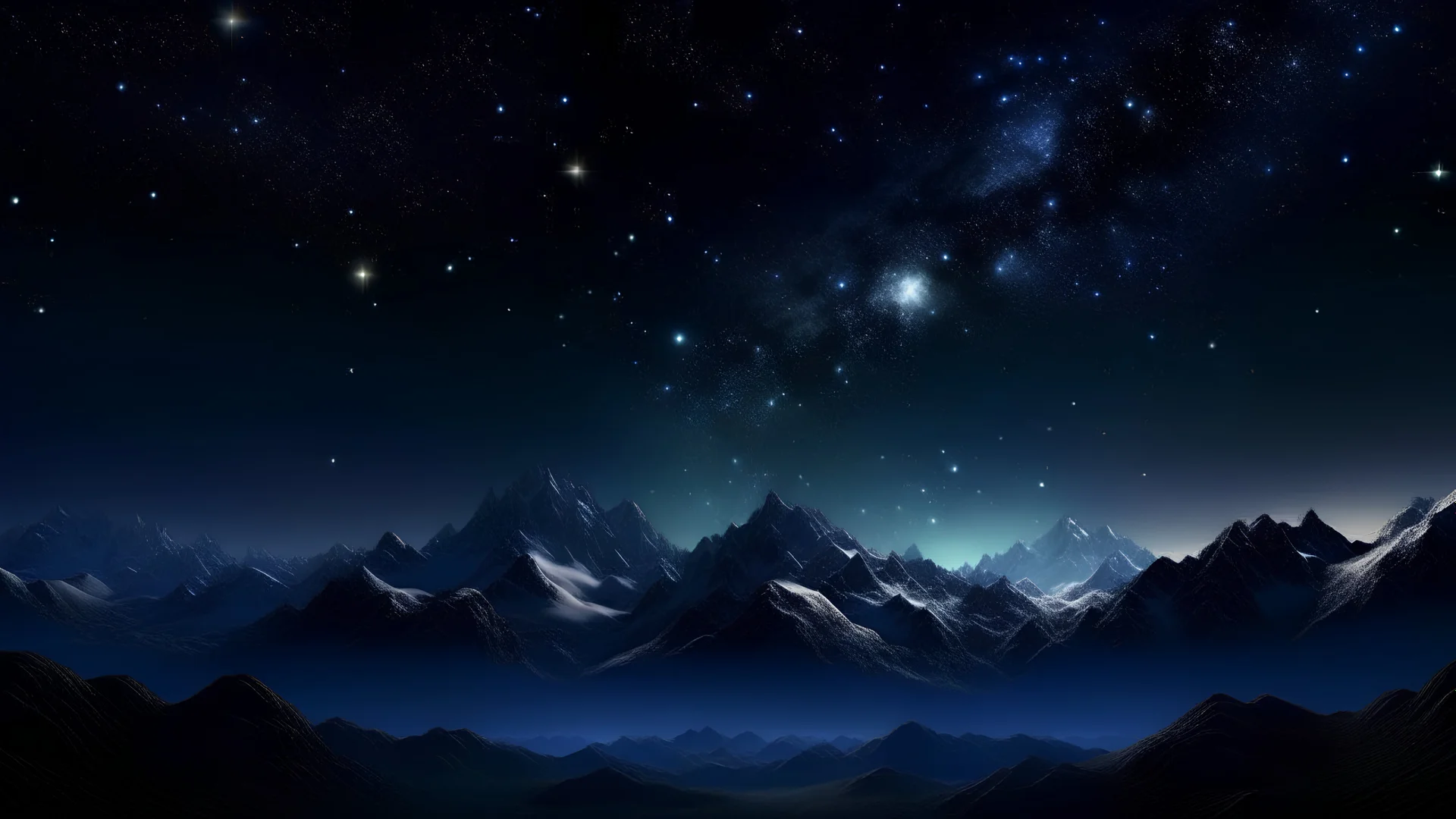 8k landscape realistic, Background: A mountain range, bathed in the cold glow of distant stars and constellations. The landscape is desolate and dark with the sky filled with stars and the moon, with jagged mountain peaks rising from the frozen ground. The sky is filled with numerous nebulas and constellations, adding an air of mystery and intrigue with a small winter cabin nestled in the valley of the mountains as the peaks tower over it. There is gentle snowfall.