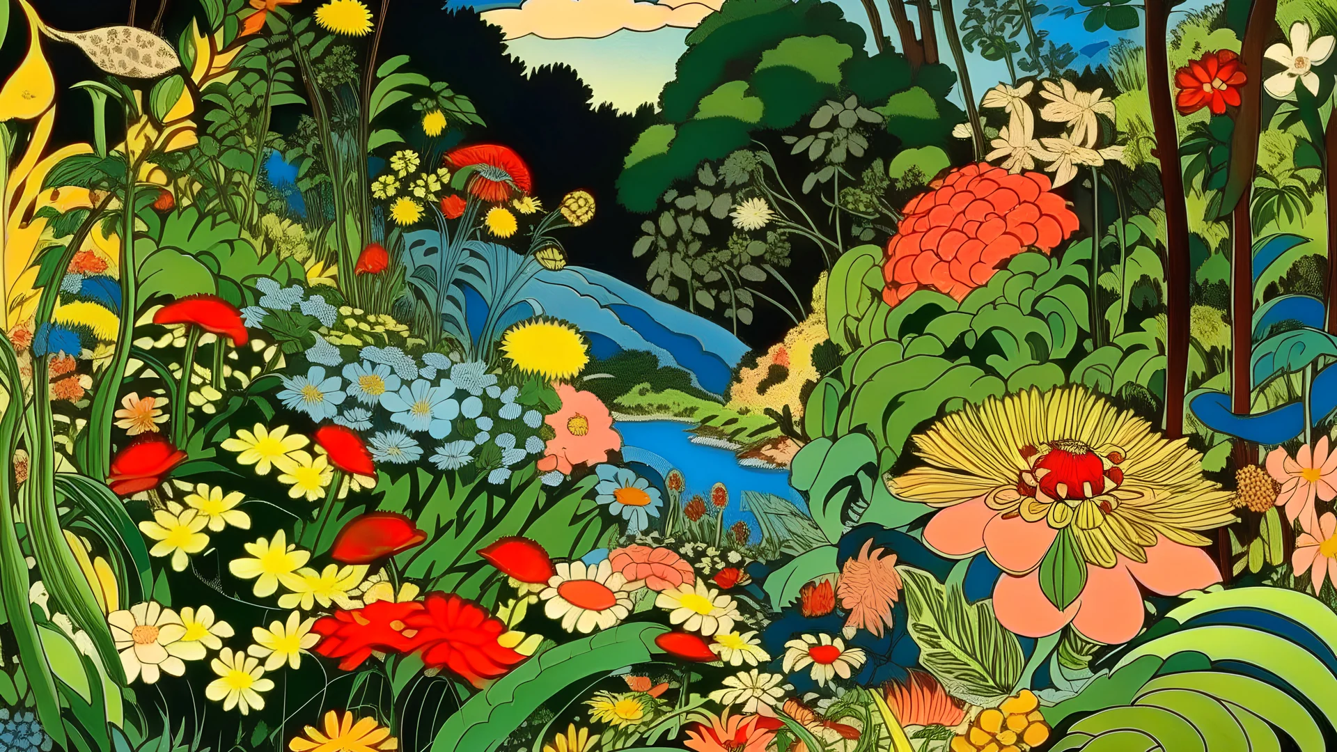 An illustration by Kuniyoshi and Kandinsky of a landscape of blooming flowers and lush vegetation.