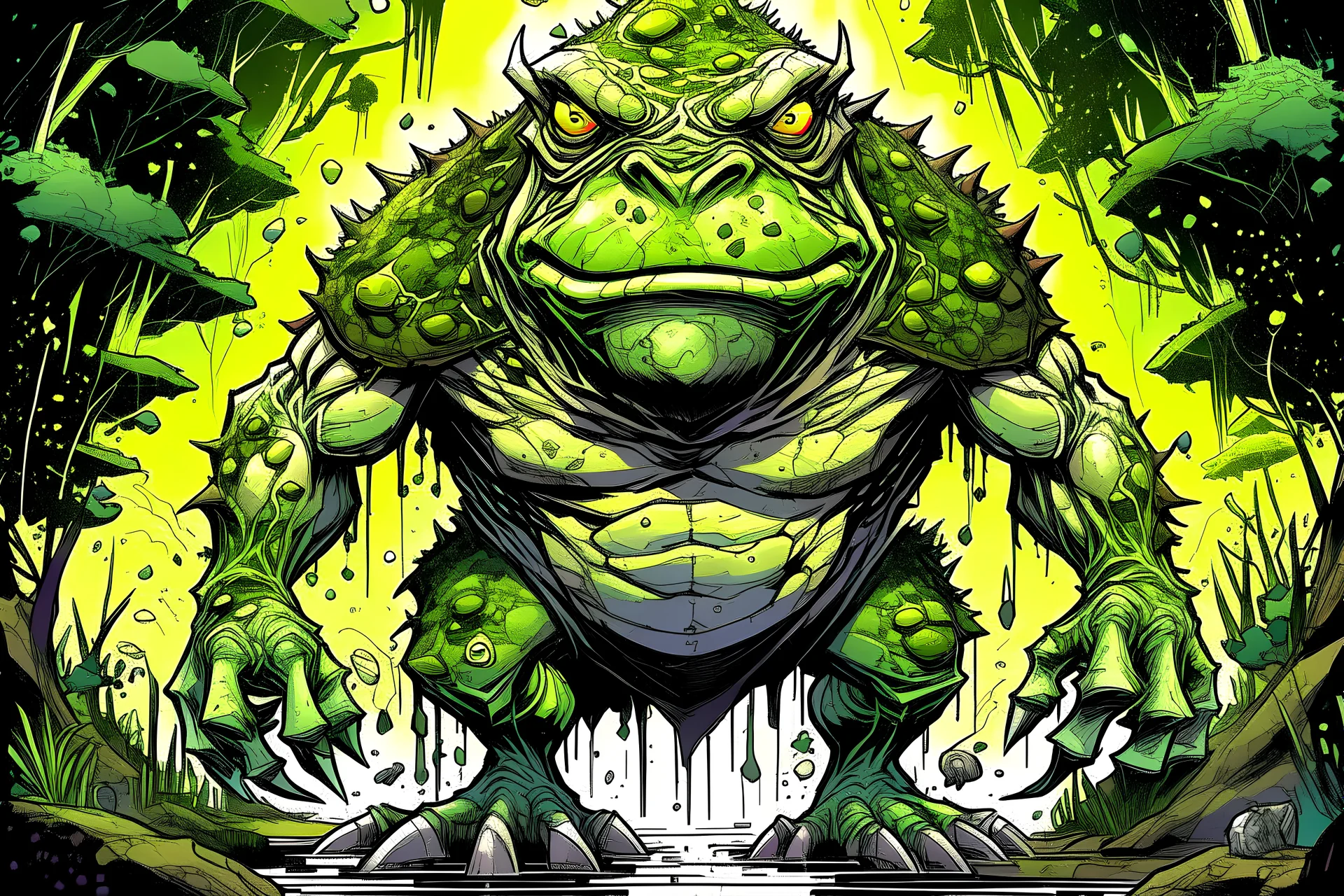 lumbering, hulking, enormous, giant psychic mutant humanoid frog king who handily overcomes doomsday plans of evil global cadre of bloodthirsty villainous psychopaths hellbent on enslaving humanity. beautifully illustrated photogenic contemporary comic book best selling graphic novel. quirky. unique. distinct