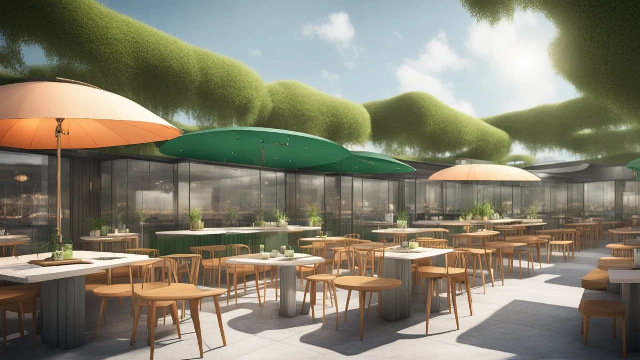 there is a picture of a restaurant with tables and umbrellas, solarpunk cantine, conceptual rendering, architectural rendering, photographic render, architectural render, artist impression, architecture render, artist's impression, artists impression, green terrace, photo render, artistic render, by Richard Carline, architectural visualisation, drawn with photoshop, post processed denoised, digital rendering