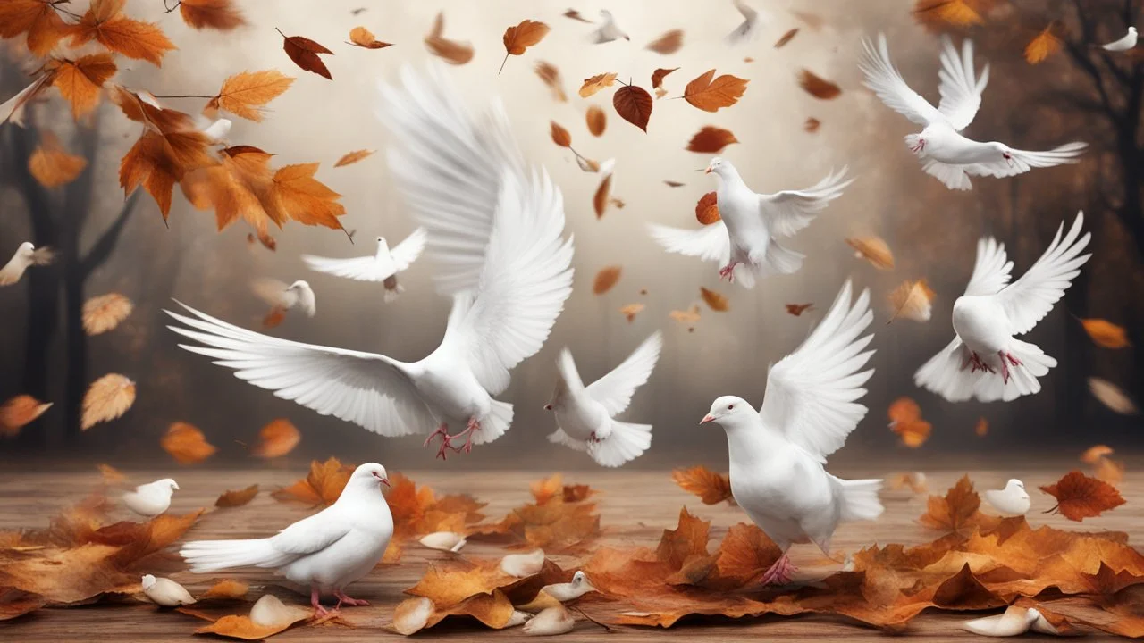 Hyper Realistic Dry Autumn Leaves blowing & white pigeons flying on a vintage rustic background