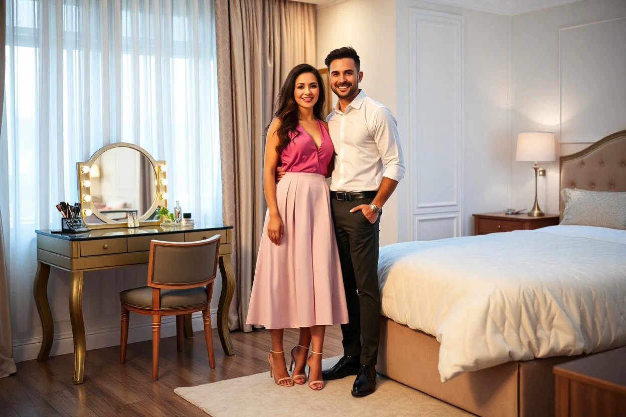 very beautiful lady with beautiful midi skirt and blouse standing next to her boy friend in a luxury bedroom with high heels next to makeup desk looking to camera
