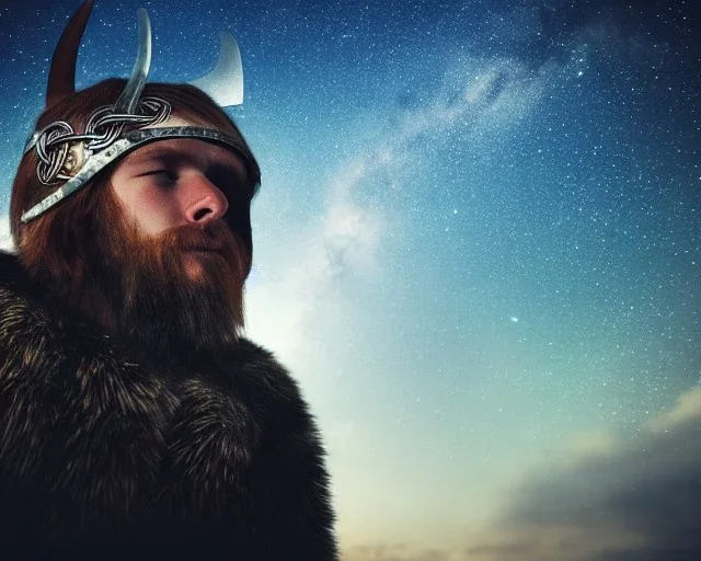 a sad and lonely viking looking up at the stars at night, hyper realistic, 8k, insane detail, atmospheric background, crying eyes, big fur coat, long braided hair, sharp focus, soft background, dynamic lighting, viking helmet, night time