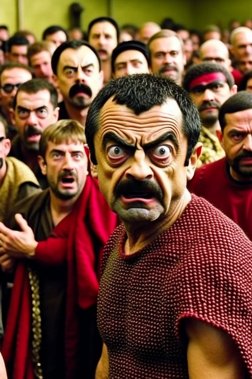 mr bean in "this is sparta" scene, kicking the emissary