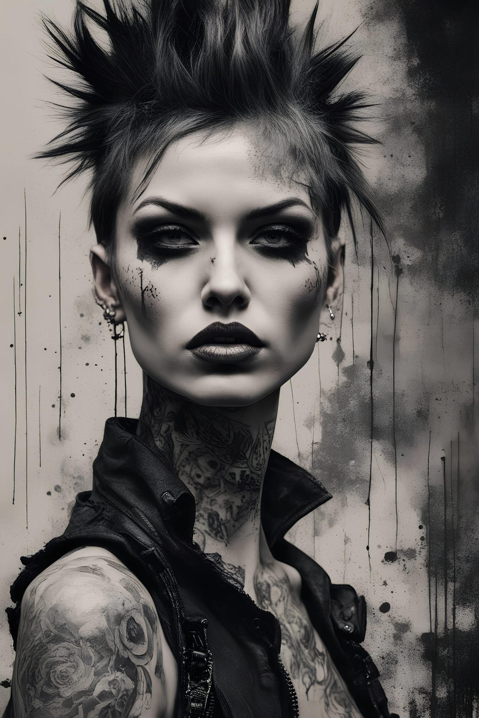 Portrait of a female punk, expressive eyes, tattoos, attitude, sultry, pictorialism, dystopian, grim dark, goth, chiaroscuro, contrast, surrealism, gritty background, , grunge, graffiti, neo-expressionist , Russ Mills, Ian Miller