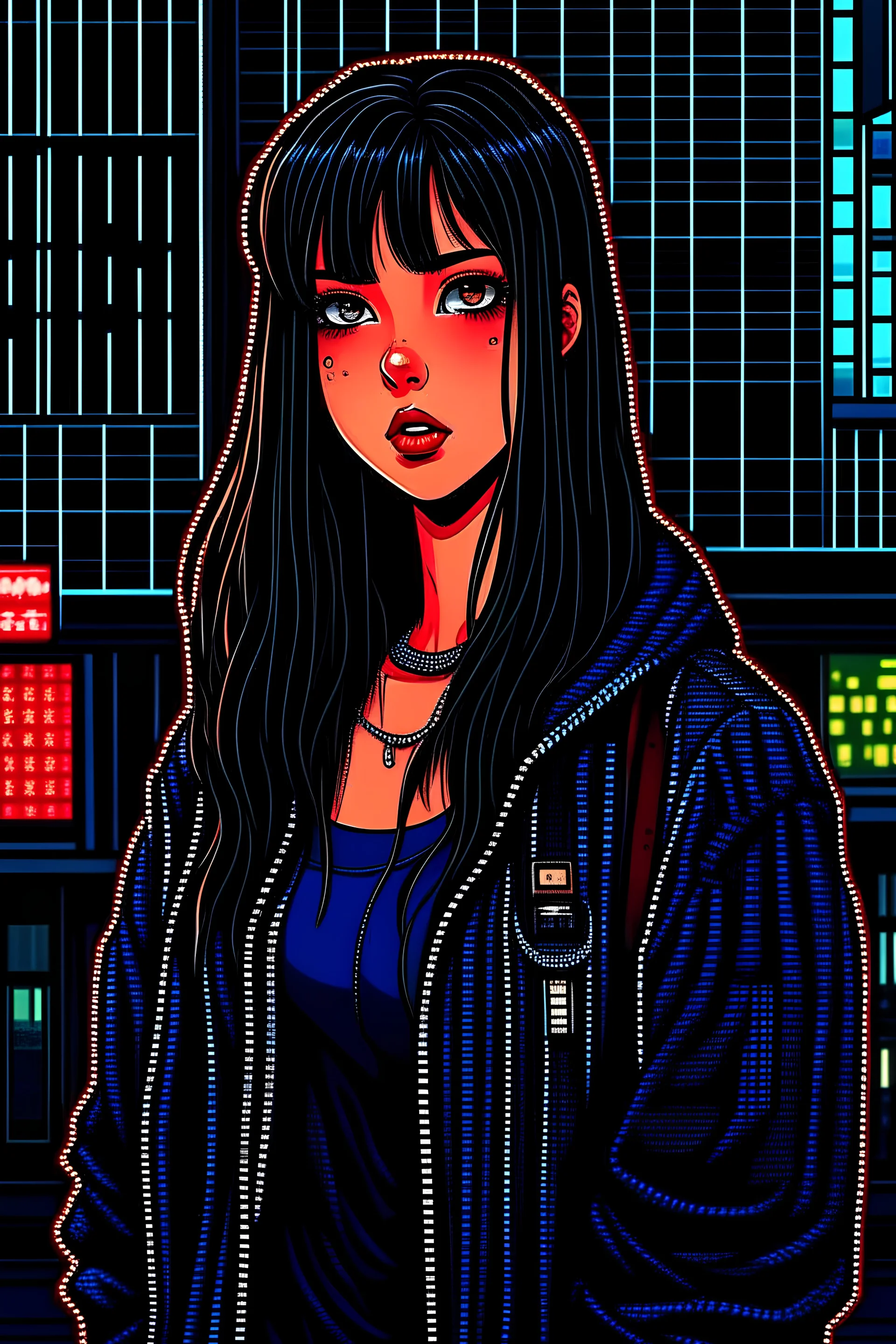 pixel art of the girl, best quality, cinematic lighting, detailed casual baggy outfit, black and neon detailed colors, perfect blue eyes, black hair, black eyes, long dark brown hair with bangs, silver piercing,