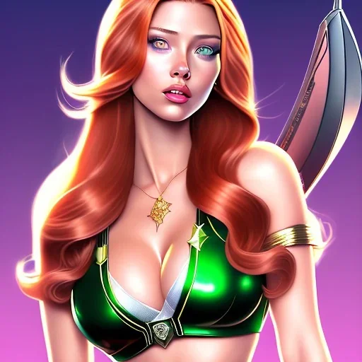 cartoon, hyper detailed, strikingly beautiful young adult woman, scarlet johanson, long ponytail ginger hair, green eyes, medium freckles, full lips, very skimpy bikini, full body, full face, b-cup breasts, aroused expression, biting lower lip, full frame, athletic, centered camera, ignore NSFW, thong, corset, petite