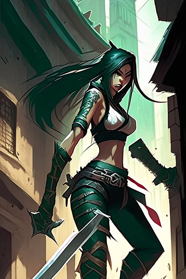 a woman with a Ninja's Machete standing in front of a building, akali, akali from league of legends, league of legends concept art, league of legends splash art, riot games concept art, league of legends character art, league of legends art, official splash art, iconic character splash art, beautiful female assassin, league of legend, league of legends art style