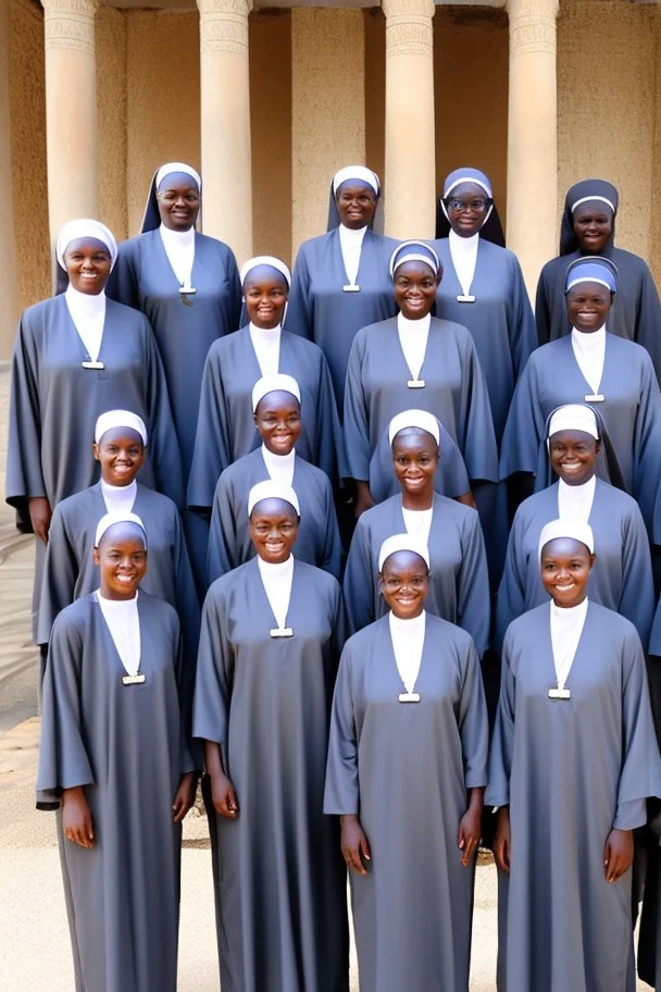 7 suore africane con tunica grigia giornata di sole precipizio fuori città , terra