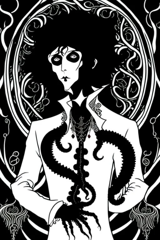 gothic creepy handsome black haired warlock with gothic jewelry and tentacle hands in the style of aubrey beardsley