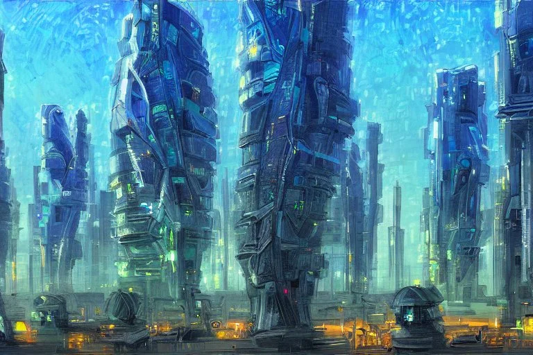 Futuristic buildings near tree zone, cyberpunk influence, impressionism painting