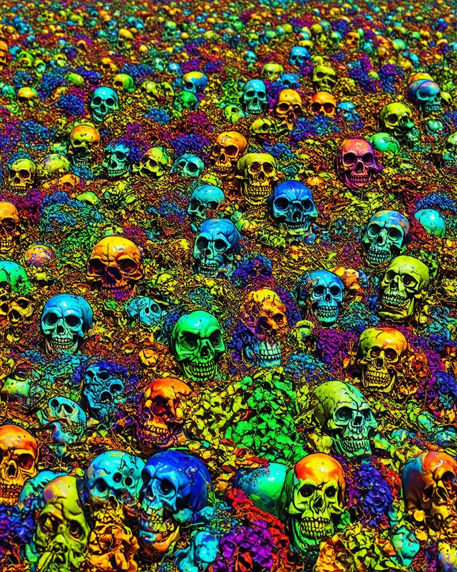 a field of skulls, multi colored, bright, vivid, psychedelic, high detailed, matte, bunches and bubbled up clumps, horrorcore, vines, unsettling contrast