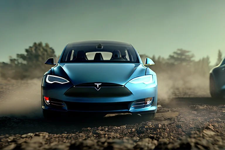 A Tesla 'Model Y' is going at a high speed, during the battle of "The War of the Worlds" (of H.G. Wells). (CINEMATIC, WIDE ANGLE LENS, PHOTO REAL)