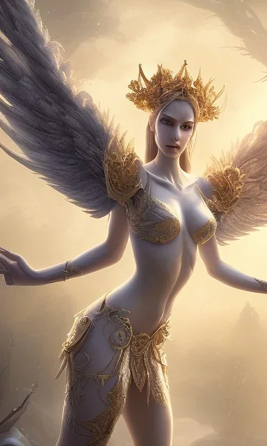 Female angel with beautiful perfect face big wings and golden crown floating above the ground in the dark enviroment, anatomically correct, michelangelo style, detailed, world of warcraft style, dark forest, trees, painting, brush strokes, 8k, dark forest in the background, epic scene, epic painting