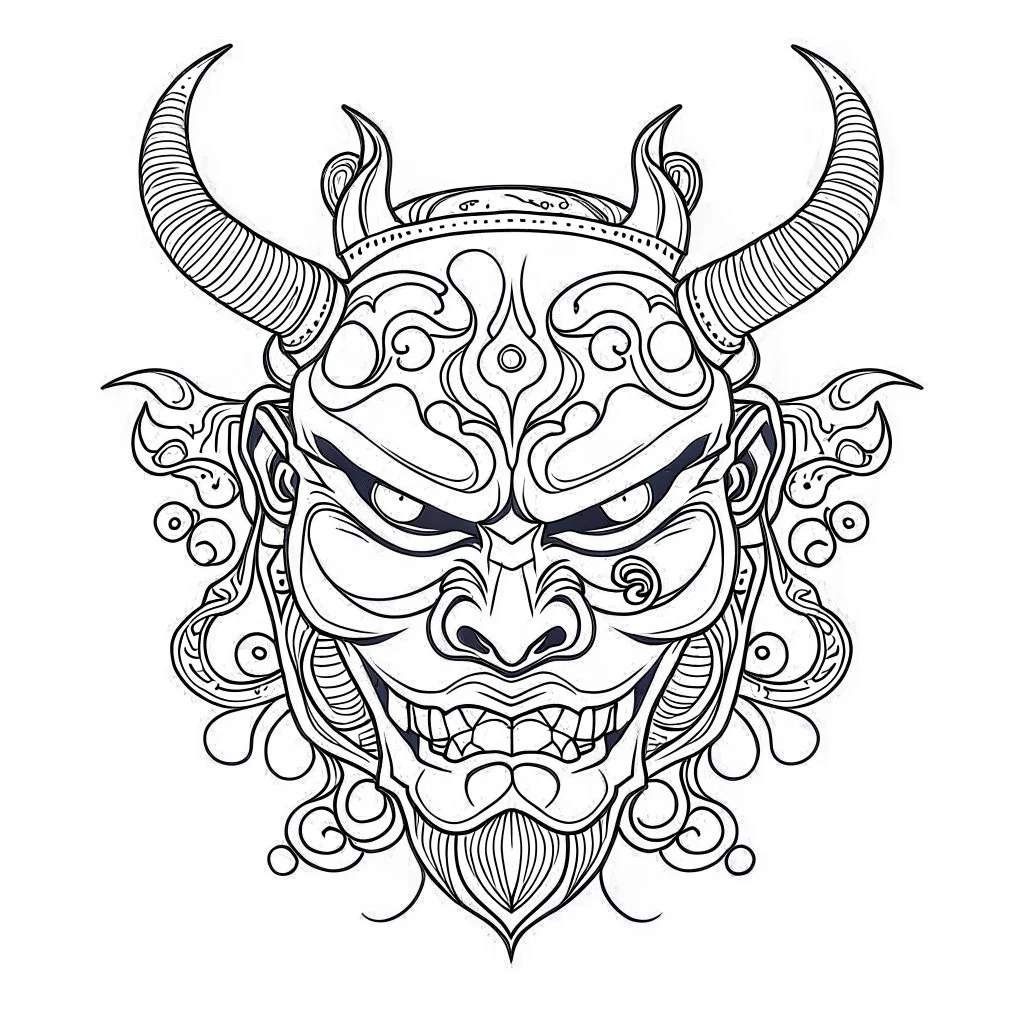 White, minimalis line art , oni mask japanes scarry, vector, white background, outline, with images neatly contained within the background, just black and white color,