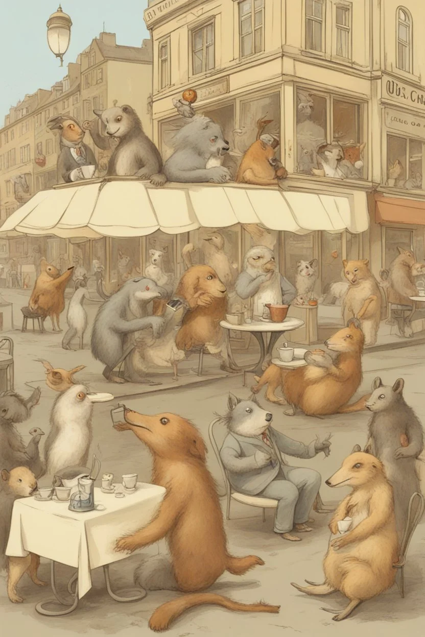 Anthropomorphic animals in a cafe street scene