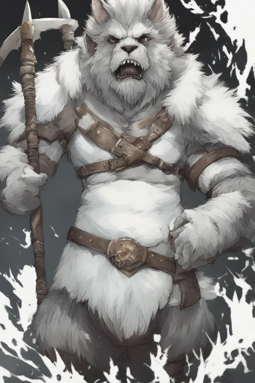 Dnd a young bugbear with WHITE fur and leather armor with swords