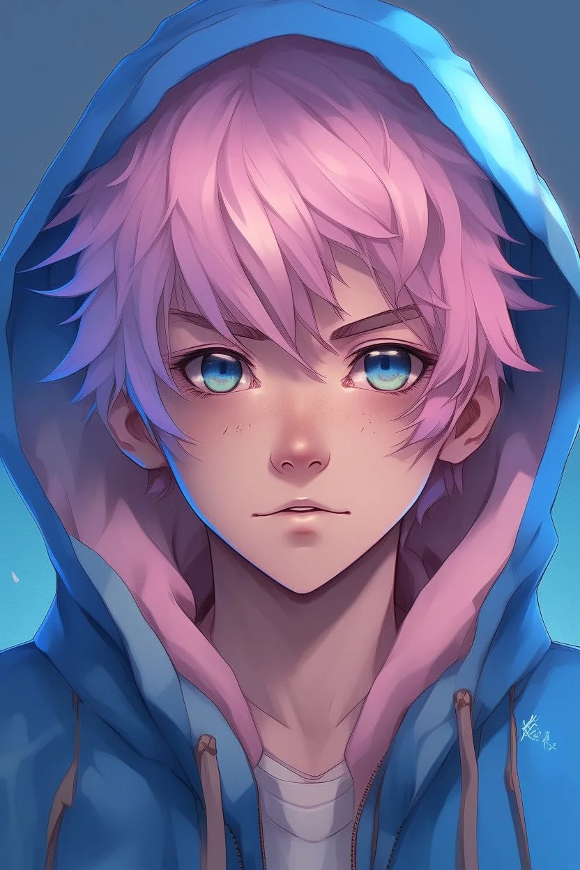 An anime man with messy short pink hair and narrow blue eyes wearing a hooded jacket Realistic.